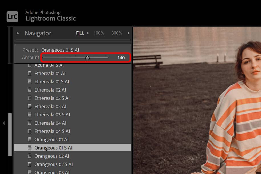 Screenshot of Lightroom Classic interface with a red outlined area indicating the adjusted Amount slider, allowing users to control the opacity or strength of the applied effect.