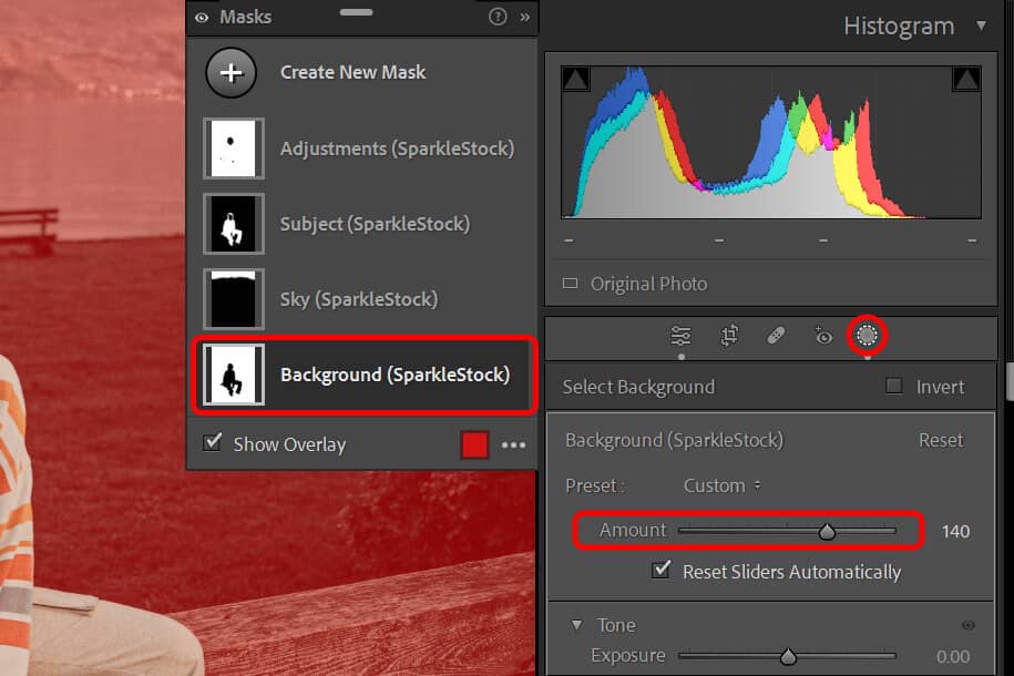 Screenshot of Lightroom Classic interface with red outlines highlighting the "Masking" icon, the area for selecting the mask, and the amount slider.