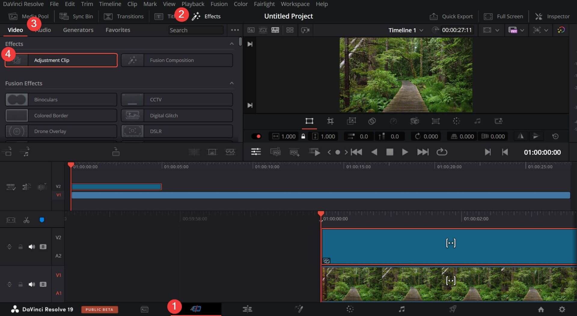 Steps to adding an adjustment clip in DaVinci Resolve.