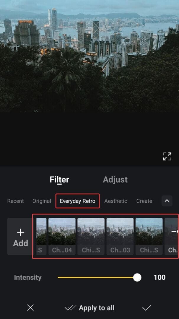 Applying a filter in VN Video Editor.