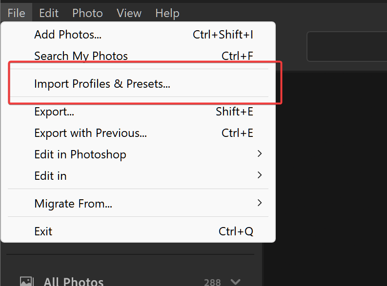 Screenshot of Adobe Photoshop Lightroom, displaying options under "File," with "Import Profiles & Presets" highlighted.