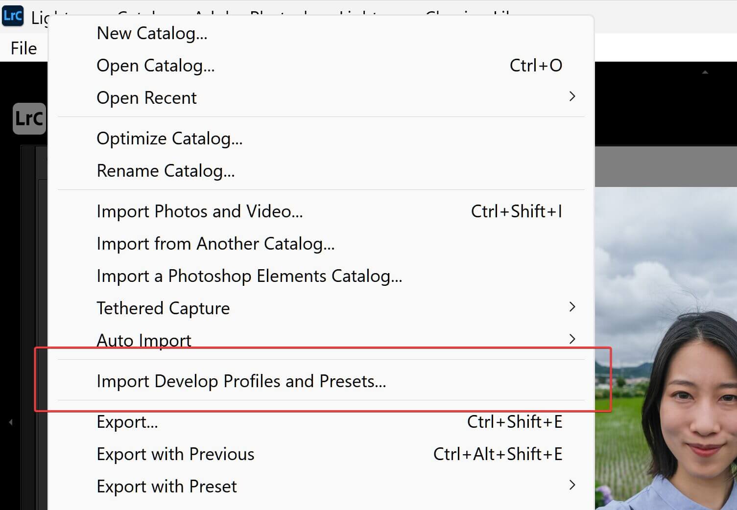Screenshot of Adobe Photoshop Lightroom Classic, displaying options under "File," with "Import Profiles & Presets" highlighted.