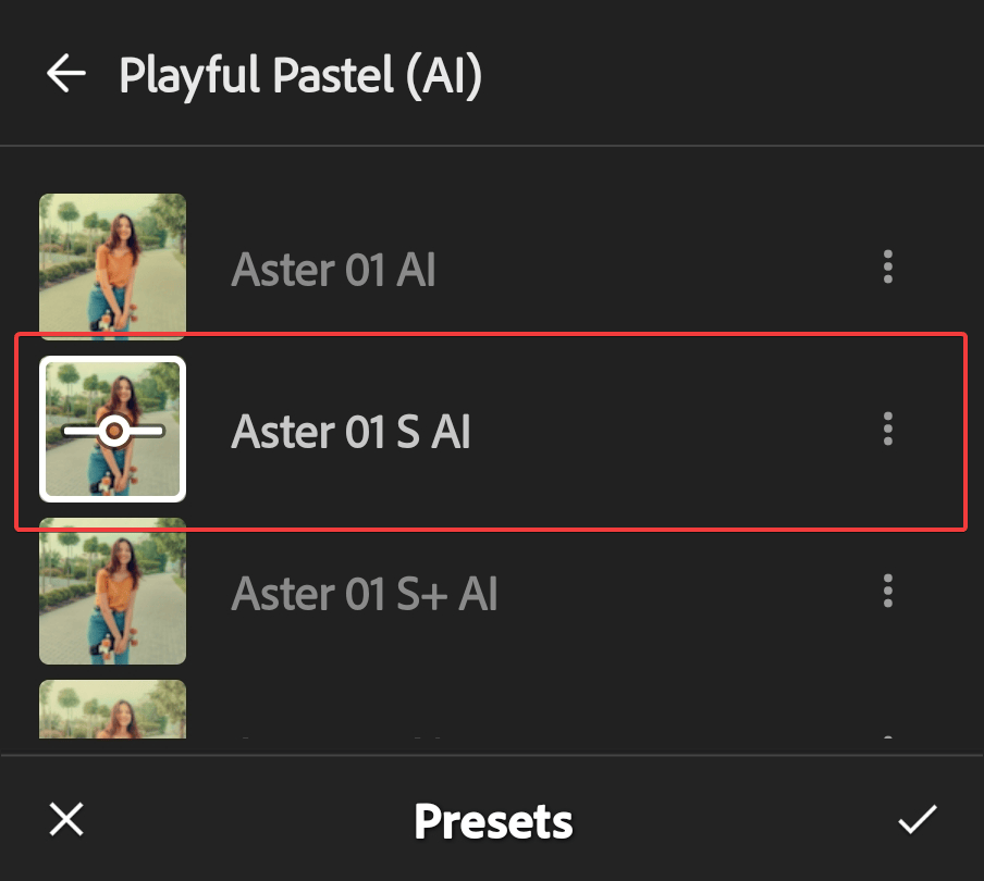 Adobe Photoshop Lightroom for Mobile interface showing presets from the Presets panel.