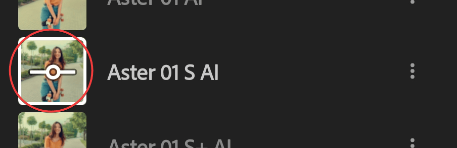 Adobe Photoshop Lightroom for Mobile interface showing the location of the "Slider" icon in front of the thumbnail.