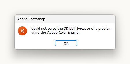 Could not parse the 3D LUT because of a problem using Adobe Color Engine.